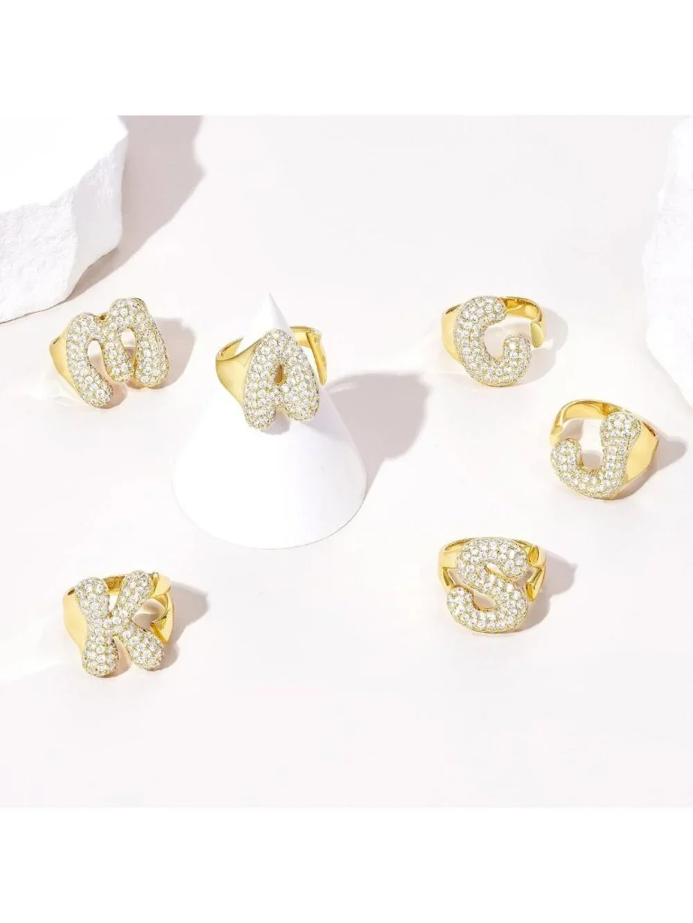 Chunky 14K Gold Plated Bubble Initial Ring for Women - Stylish Personalized